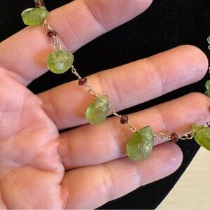 Natural Green Peridot Briolette Red Garnet Gemstones 14K Gold Filled Necklace